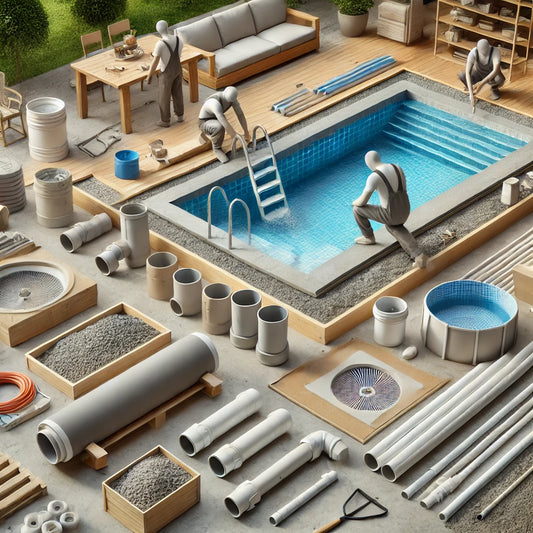 Installation av PVC-rör och PEM-kopplingar för ett hållbart poolsystem. Bilden visar arbetare som installerar rör och en filtreringsenhet, med fokus på långvarig och korrosionsbeständig installation.