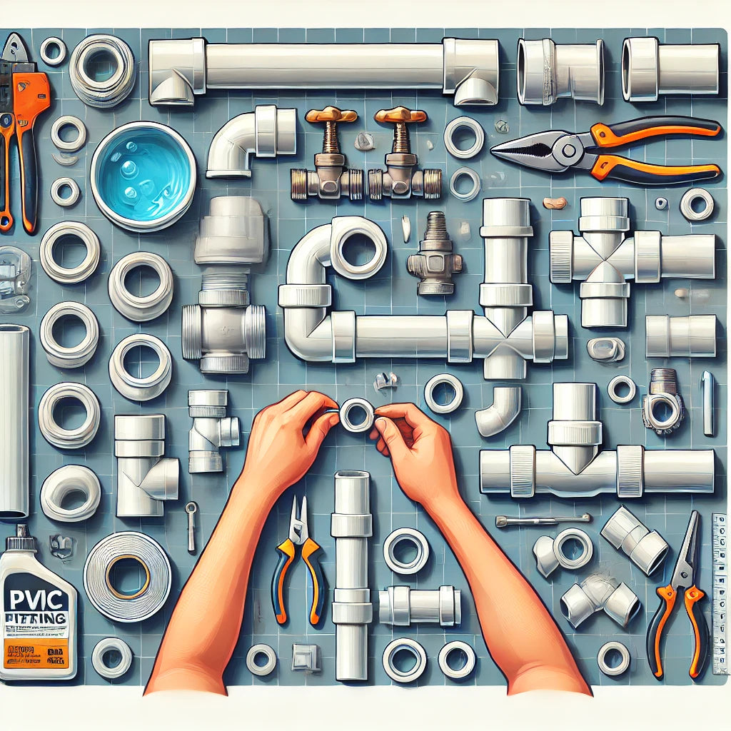 Här är en textfri illustration som visar en DIY-entusiast som bygger ett PVC-rörsystem, med olika typer av kopplingar som kulventiler, vinkelkopplingar och raka kopplingar.