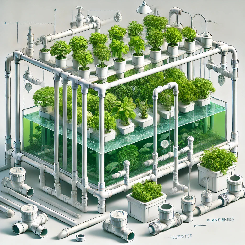 Här är en bild som visar ett hemmabaserat aquaponiskt system utan fisk, med fokus på näringstillförsel via PVC-komponenter.